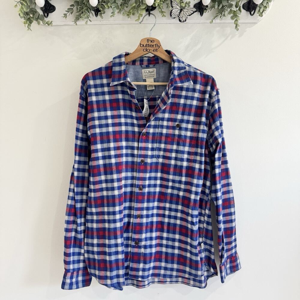 Men’s LL Bean All Seasons Blue Plaid button Down Shirt Medium New Flannel